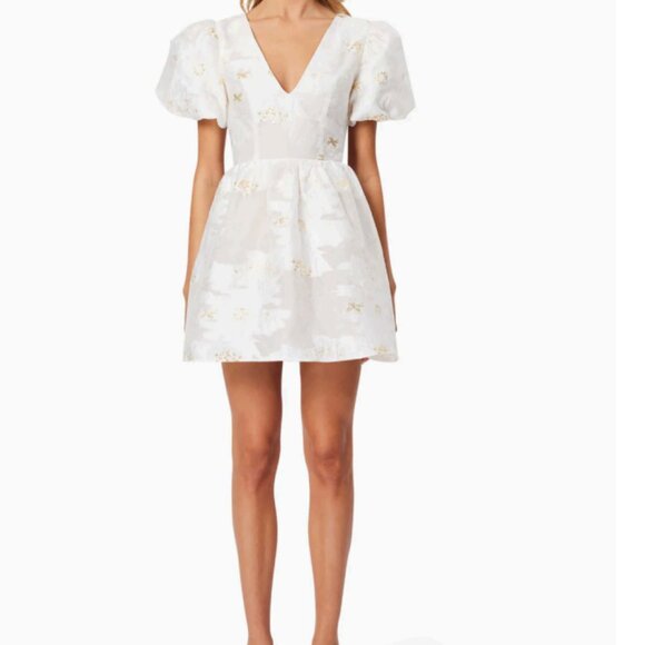 Elliatt Octavia Puff Sleeves Bow Bridal Holiday Mini Dress Gold/Ivory  Sz XL NWT - Picture 4 of 15